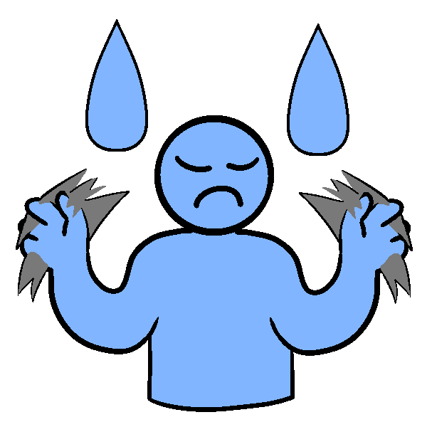 A blue person flapping their hands and frowning, with water drops above them.